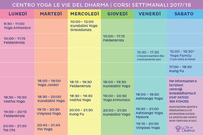 Orari settimanali dei corsi di yoga al Centro Le Vie del Dharma, a Cesena